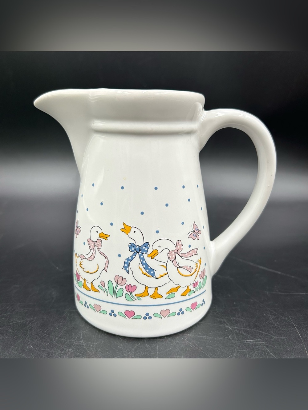 Vintage 1980s Country Geese Ceramic Pitcher Pink Blueberry Bows Cottagecore